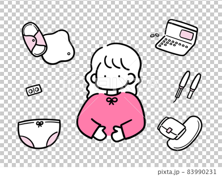女性と生理用品のシンプルでおしゃれな線画イラストセット 女性と生理用品のシンプルでおしゃれな線画イラストセット 83990231