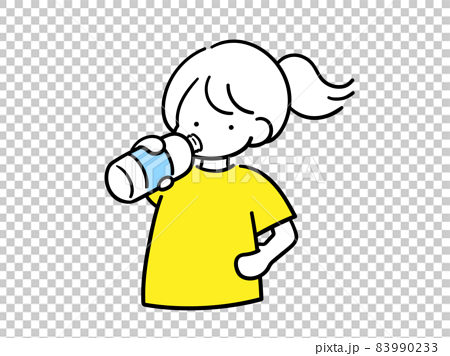 水分補給をする女の子のシンプルでおしゃれな線画イラストのイラスト素材