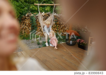 Couple with kids at motorhome, summer rv camping Couple with kids at motorhome, summer rv camping 83990643