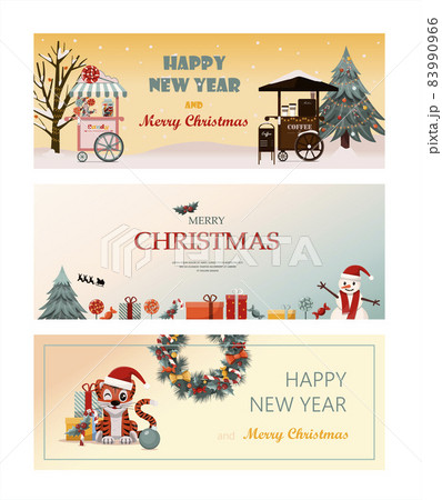 Set of flat vector banners Big Christmas sale. Cartoon Christmas template with festive decorations and food. New Year s card with a Christmas wreath, toys and garlands. Background for postcards and 83990966