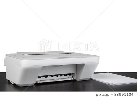 Laser home printer on table against white backgorund Laser home printer on table against white backgorund 83991104