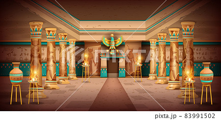 Egypt temple game background, vector ancient pharaoh pyramid tomb interior, old stone column, vase 83991502