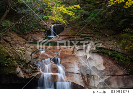 紅葉の色着く藤河内渓谷にエメラルドグリーンの川が流れる風景 83991873