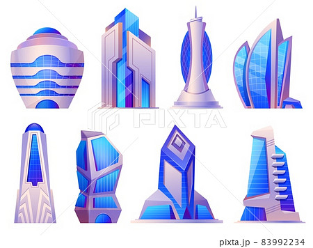 Future urban and alien city buildings, skyscrapers and office towers. Futuristic cyberpunk architecture, megalopolis skyscraper vector set 83992234