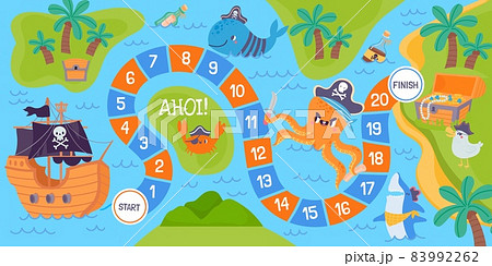 Cartoon pirate board dice game with map road to treasure. Education sea adventure for kids with characters, island and ship vector template 83992262