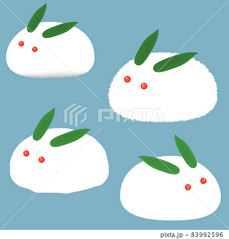 雪うさぎの4パターンセット、雪で作った可愛いウサギのイラスト素材