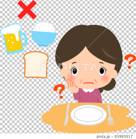 Image of middle-aged females thinking at the table and sugar restriction Image of middle-aged females thinking at the table and sugar restriction 83993017