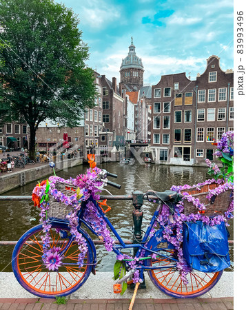 Bike in purple flowers and canal. Amsterdam, Netherlands Bike in purple flowers and canal. Amsterdam, Netherlands 83993496
