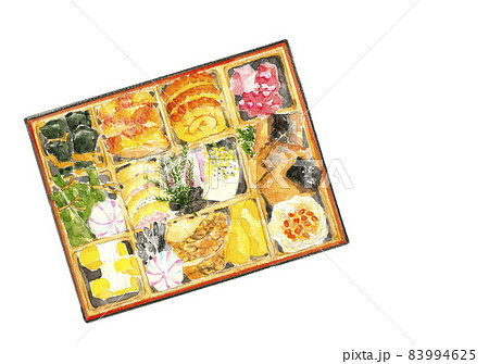 お重に詰めたお節 （おせち）素材【水彩イラスト】白バック コピースペースあり透過背景 83994625