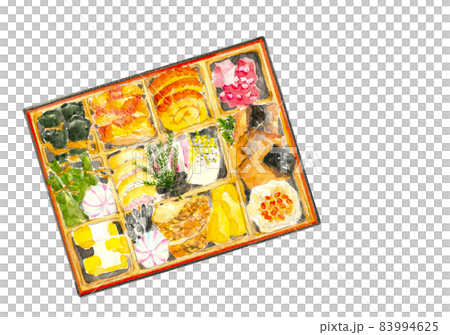 お重に詰めたお節 （おせち）素材【水彩イラスト】白バック コピースペースあり透過背景 83994625