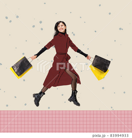 Contemporary art collage. Concept of Christmas, 2022. New Year's chores. Happy young girl after shopping 83994933