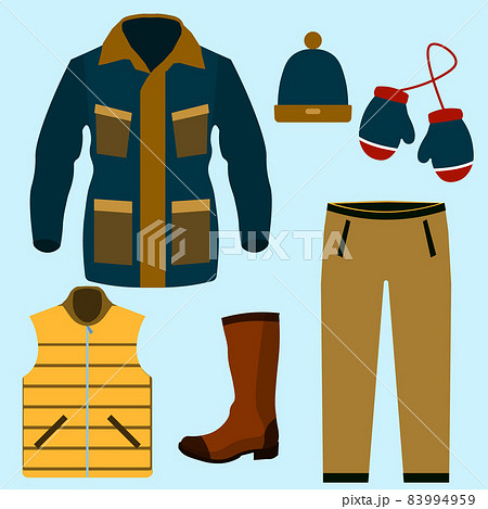 Set of warm winter clothes design. Scarf and winter fashion, winter hat, winter coat, cloth and hat, jacket and glove, coat and boot, outerwear seasonal illustration 83994959
