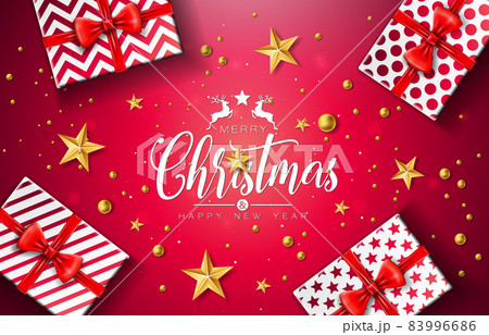 Merry Christmas and Happy New Year Illustration with Gift Box, Gold Glass Ball, Star and Typography Elements on Red Background. Vector Holiday Design for Flyer, Greeting Card, Banner, Celebration 83996686