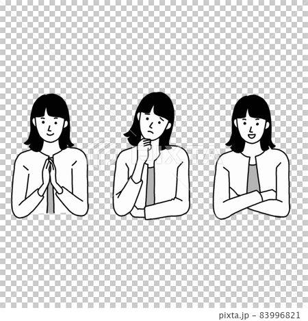 Illustration of a woman who is worried, thinks, solves, and is convinced 83996821