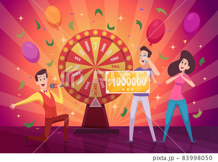 Happy winners background. Lottery gambling persons in casino money prizes exact vector illustration in cartoon style Happy winners background. Lottery gambling persons in casino money prizes exact vector illustration in cartoon style 83998050