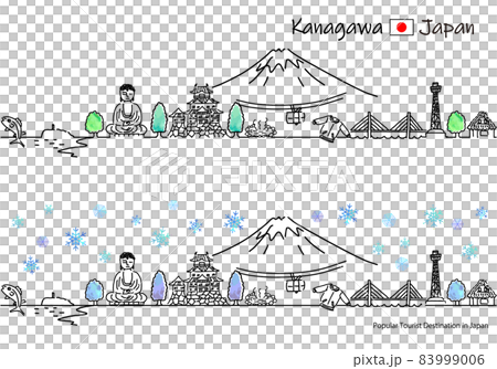 Cityscape simple line drawing set of sightseeing spots in Kanagawa prefecture in winter 83999006