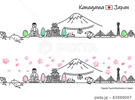 春の神奈川県の観光地の街並みシンプル線画セット 83999007