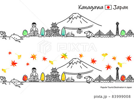 秋の神奈川県の観光地の街並みシンプル線画セット 秋の神奈川県の観光地の街並みシンプル線画セット 83999008