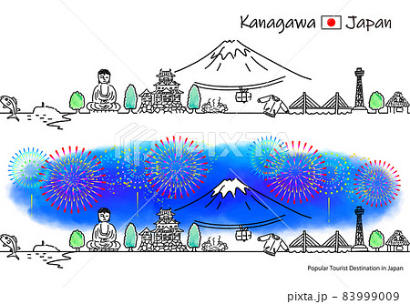 神奈川県の観光地の街並みと花火のシンプル線画セット 83999009