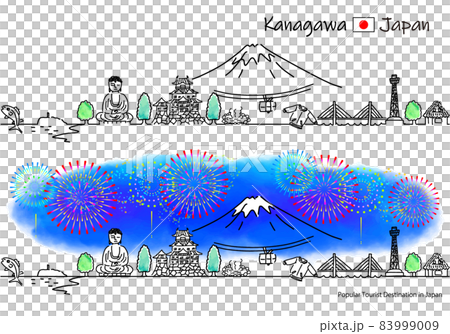 神奈川県の観光地の街並みと花火のシンプル線画セット 83999009