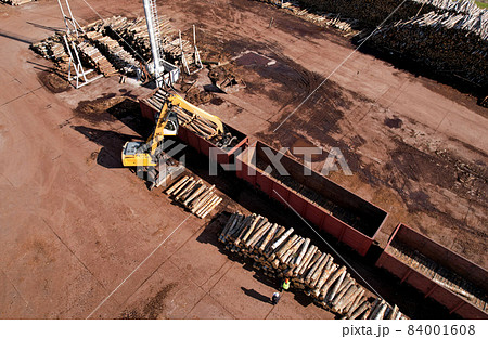 Excavator with log grab crane unloads timber from freight car. Excavator with log grab crane unloads timber from freight car. 84001608