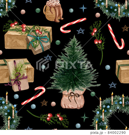 Watercolor christmas seamless pattern with holiday inscriptions and elements 84002290