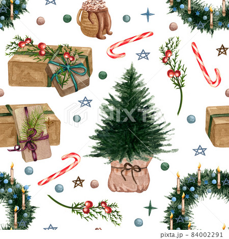 Watercolor christmas seamless pattern with holiday inscriptions and elements Watercolor christmas seamless pattern with holiday inscriptions and elements 84002291