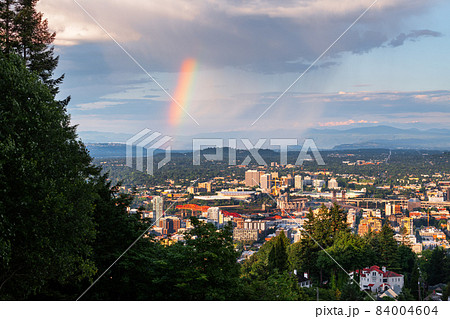 Portland, Oregon, USA downtown cityscape with a Rainbow 84004604
