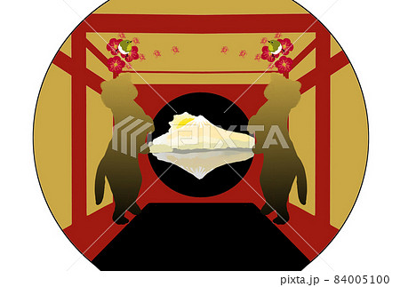 年賀状素材　金色の富士山が見える丸窓　梅とうぐいすとトラの装飾がされた部屋 84005100