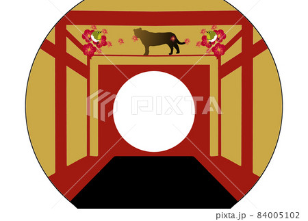 年賀状素材　梅とうぐいすとトラの装飾のある丸窓 84005102