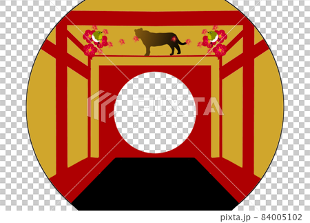 年賀状素材　梅とうぐいすとトラの装飾のある丸窓 84005102