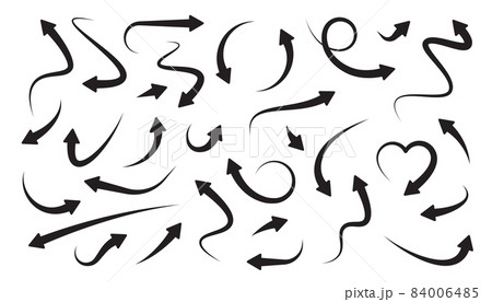 Arrows icons set. Curly, straight and twisted shapes. Different arrows collection. Design direction elements. Navigation arrowheads. Hand drawn icons. Isolated on white background. Vector 84006485
