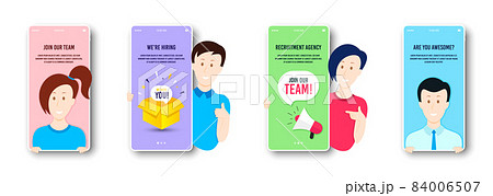 Hiring and recruitment screen set. People searching job vector badges. Online hiring interview, megaphone offer. Recruitment agency service. Mobile app page screen. Join our team bubble. People vector Hiring and recruitment screen set. People searching job vector badges. Online hiring interview, megaphone offer. Recruitment agency service. Mobile app page screen. Join our team bubble. People vector 84006507