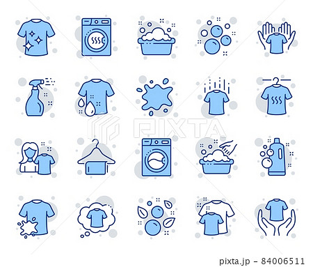 Laundry line icons. Dryer, Washing machine and dirt shirt. Laundromat, hand washing, soap bubbles in basin icons. Dry t-shirt, laundry service, dirty smudge spot. Clean clothes. Vector 84006511