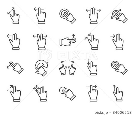 Touchscreen gesture line icons. Hand swipe, Slide gesture, Multitasking icons. Touchscreen technology, tap on screen, drag and drop. Smartphone mobile app or user interface. Vector 84006518