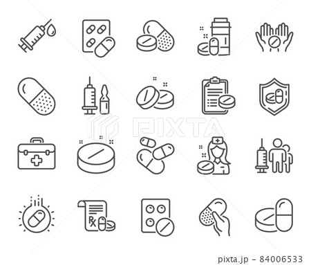 Medical drugs line icons. Healthcare, Prescription and Pill signs. Pharmacy drugs, medical nurse, recipe pill icons. Antibiotic capsule, syringe vaccination, medicine cure. Vector 84006533