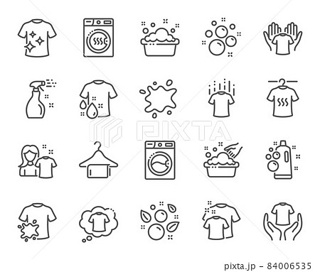 Laundry line icons. Dryer, Washing machine and dirt shirt. Laundromat, hand washing, soap bubbles in basin icons. Dry t-shirt, laundry service, dirty smudge spot. Clean clothes. Vector 84006535