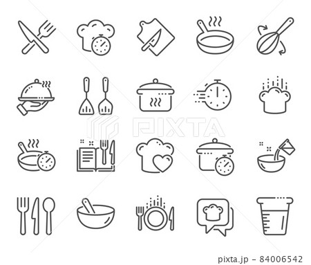 Cooking line icons. Boiling time, Frying pan and Kitchen utensils. Fork, spoon and knife line icons. Recipe book, chef hat and cutting board. Cooking book, frying time, hot pan. Vector 84006542