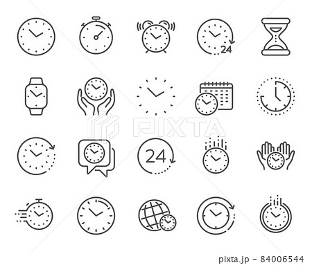 Time and clock line icons. Timer, Alarm and Smartwatch. Time management, 24 hour clock, deadline alarm icons. Sand hourglass, calendar and digital smartwatch, timer stopwatch. Vector 84006544