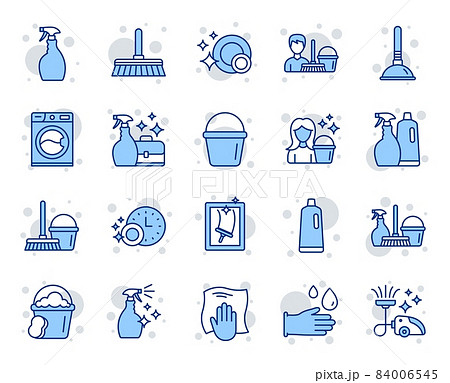 Cleaning line icons. Laundry, Window sponge and Vacuum cleaner icons. Washing machine, Housekeeping service and Maid cleaner equipment. Window cleaning, Wipe off, laundry washing machine. Vector 84006545