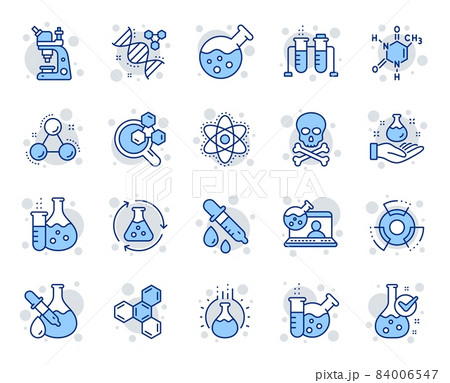 Chemistry lab line icons. Chemical formula, Microscope and Medical analysis. Laboratory test flask, reaction tube, chemistry lab icons. Microscopic research, toxic radiation. Vector 84006547