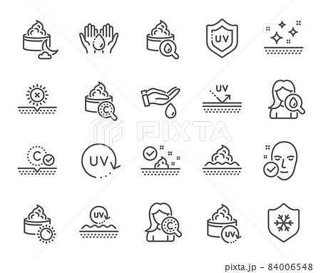 Skin care line icons. Collagen, Cream, Serum oil and Skincare. Face sun lotion gel, Uv protection, vitamin E icons. Night face skin care cream protection. Skincare cosmetic. Vector 84006548