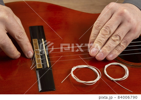 replacement and insertion of nylon strings in a classical guitar. lesson for a musician replacement and insertion of nylon strings in a classical guitar. lesson for a musician 84006790