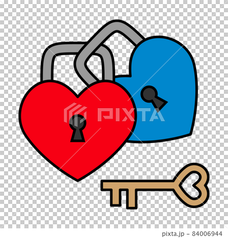 Red and blue heart-shaped padlock and key 84006944