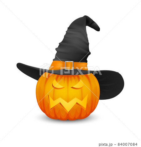 Vector Glossy Cartoon Halloween Pumkin Lantern with Funny Face and Witch Hat Icon Closeup Isolated on White. Front View. Design Template of Realistic Pumkin. Autumn Holidays, Halloween Concept 84007084