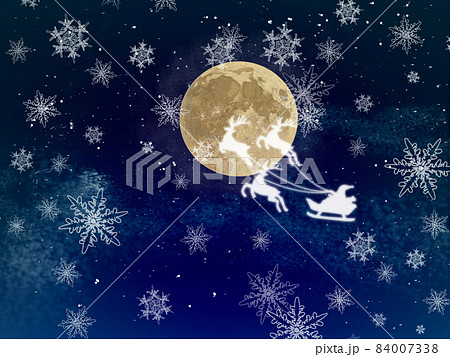 雪の結晶月の夜空サンタ リアルタッチ 横のイラスト素材