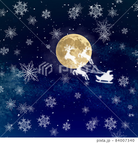 雪の結晶月の夜空サンタ リアルタッチ 正方形のイラスト素材