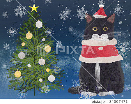 白黒猫クリスマスツリー雪背景_リアルタッチ_横 白黒猫クリスマスツリー雪背景_リアルタッチ_横 84007471