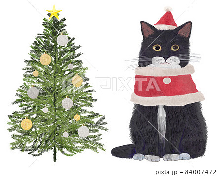白黒猫クリスマスツリー リアルタッチ 横のイラスト素材