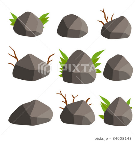 Set of stones for the background. Forest and mountain environment. Gray cobblestone with moss and grass. Granite on white background Set of stones for the background. Forest and mountain environment. Gray cobblestone with moss and grass. Granite on white background 84008143